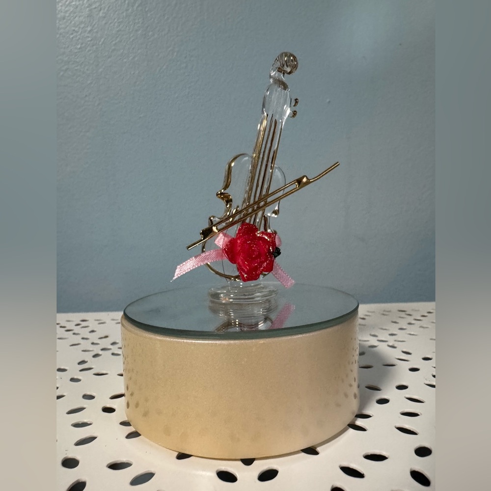 Elegant Glass Violin Figurine with Red Rose and light.